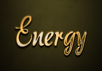 Old gold text effect of word Energy with 3D glossy style Mockup.