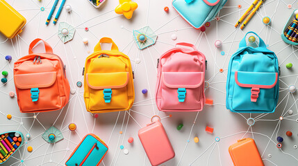 Colorful School Backpacks and Supplies Network on White Background
