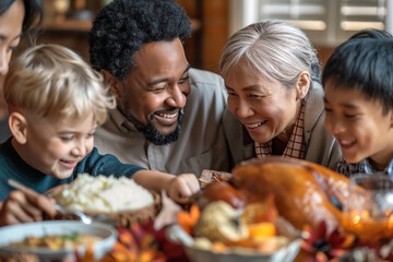 A diverse family enjoying a Thanksgiving meal with a traditional turkey and side dishes. Concept for family gatherings and Thanksgiving Day