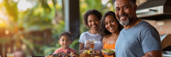 African American family enjoying a meal together outdoors, smiling and posing. Concept for family gatherings and Thanksgiving Day