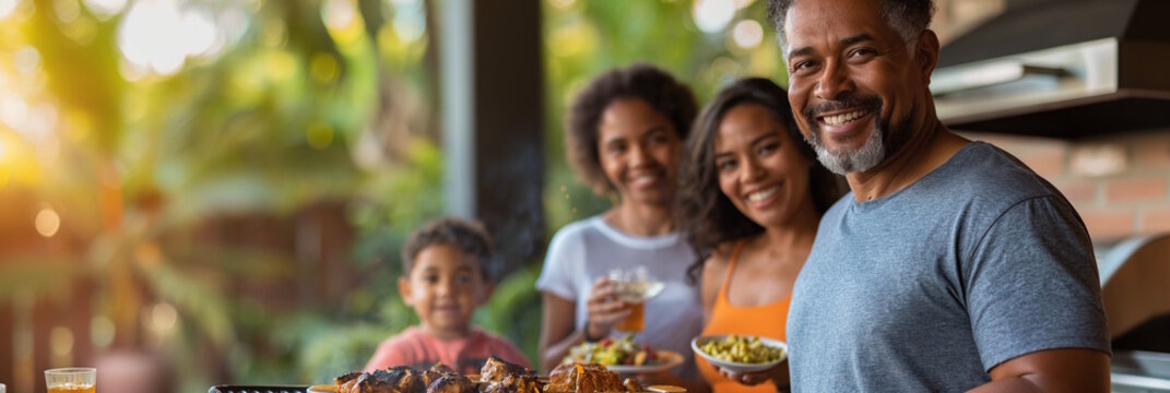 African American family enjoying a meal together outdoors, smiling and posing. Concept for family gatherings and Thanksgiving Day