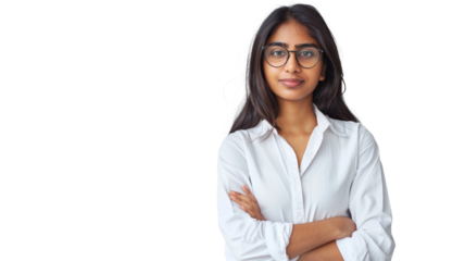 Smiling indian young woman sales professional arms crossed looking at camera isolated on transparent background.

