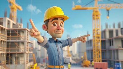 Construction worker cartoon character. Happy cartoon construction worker with hard hat points at building site.