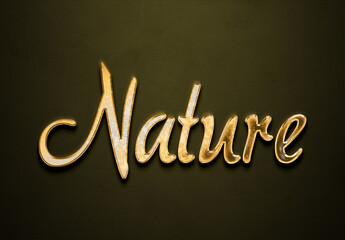 Old gold text effect of word Nature with 3D glossy style Mockup.