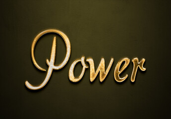 Old gold text effect of word Power with 3D glossy style Mockup.