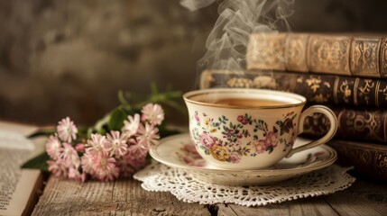 Tea, flowers, and books - cozy afternoon. A steaming cup of tea next to a bouquet of flowers and a stack of vintage books on a rustic wooden table.