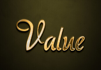 Old gold text effect of word Value with 3D glossy style Mockup.