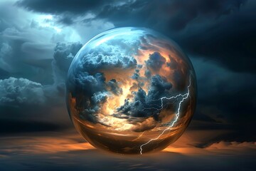 A glassy sphere encapsulating a miniature storm, complete with lightning and swirling clouds