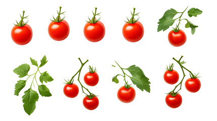 Set of fresh delicious tomatoes with leaves transparent background.