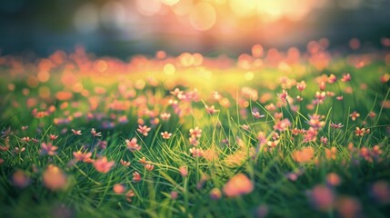 A meadow dotted with small pink flowers, with the grass gently swaying in the evening wind as the sun sets, creating a serene and colorful landscape that captures the essence of spring.