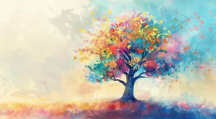Watercolor Rainbow Tree with Pastel Sky and Reflection