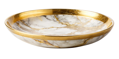 Elegant marble bowl with gold rim, ideal for serving or as a decorative centerpiece, adding a touch of luxury to any setting. Isolated on transparent background, png.