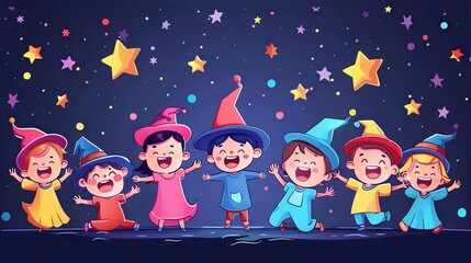 Naklejka premium There are five wizards. They are wearing different color robes. They are very happy. They are celebrating something. There are stars in the background.