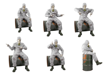 Isolated man in a gas mask and protective suit. Barrel of toxic waste. Set of various poses