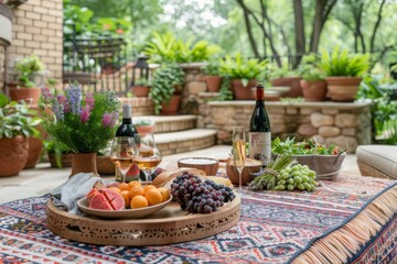 Summertime Picnic Table Setting with Wine and Grapes