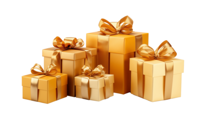 Set of golden gift boxes adorned with shiny golden ribbons transparent background.