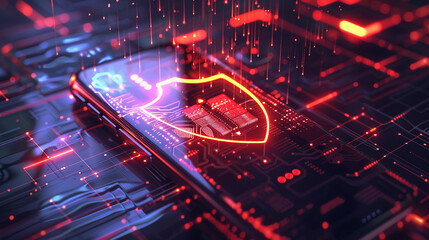 A holographic smartphone with a glowing shield icon in the center, surrounded by floating data streams and a dark, high-tech background, symbolizing secure mobile communication