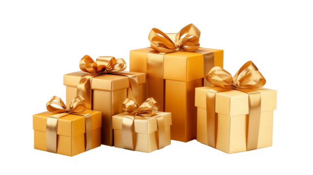 Set of golden gift boxes adorned with shiny golden ribbons transparent background.