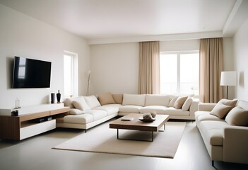 Cozy minimal modern living room interior design, with a dining room including a sofa, chairs, empty living room with beige walls