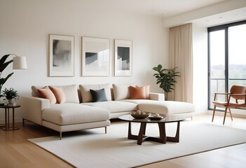 Fototapeta premium Cozy minimal modern living room interior design, with a dining room including a sofa, chairs, empty living room with beige walls