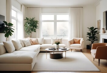 Fototapeta premium Cozy minimal modern living room interior design, with a dining room including a sofa, chairs, empty living room with beige walls