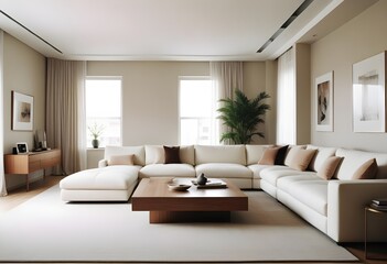 Cozy minimal modern living room interior design, with a dining room including a sofa, chairs, empty living room with beige walls