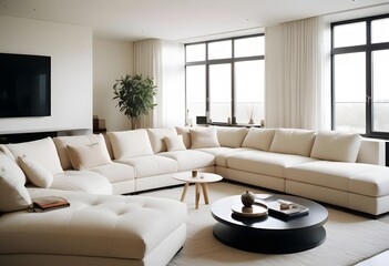 Cozy minimal modern living room interior design, with a dining room including a sofa, chairs, empty living room with beige walls