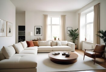 Fototapeta premium Cozy minimal modern living room interior design, with a dining room including a sofa, chairs, empty living room with beige walls