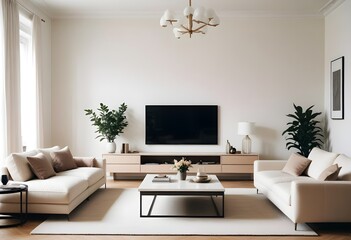 Cozy minimal modern living room interior design, with a dining room including a sofa, chairs, empty living room with beige walls
