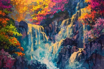 A painting showcasing a waterfall flowing through a lush forest of trees, Cascading waterfalls of vibrant hues
