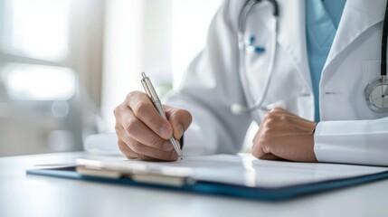 Doctor writing notes on clipboard. Closeup of a doctor's hand writing on a clipboard.