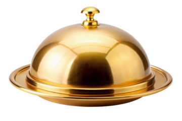 Golden dome food cover with plate, ideal for serving meals in a stylish and elegant manner, adding a touch of luxury to any dining experience. Isolated on transparent background, png.