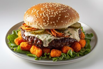 Tantalizing Dill Pickle Burger with Crispy Onion Rings and Melty Cheese