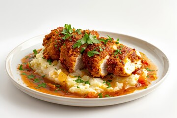 Fototapeta premium Delicious Dinner Party Chicken with Tomato Wine Sauce and Fluffy Rice
