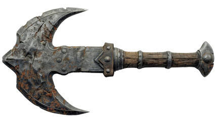Vintage double-headed axe with a wooden handle and rusted metal blades, showcasing medieval craftsmanship and battle wear.