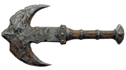 Vintage double-headed axe with a wooden handle and rusted metal blades, showcasing medieval craftsmanship and battle wear.