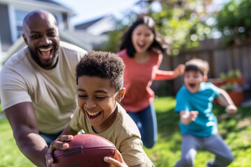 A diverse family playing football in the backyard, smiling and having fun. Concept for family bonding and outdoor activities - Powered by Adobe