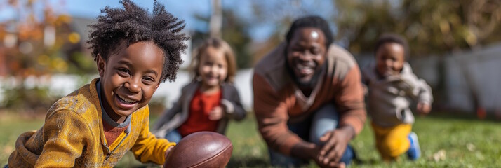 African American father playing football with his children in the yard. Concept for family bonding and outdoor play