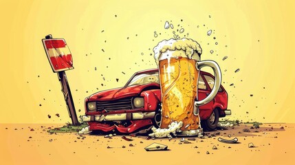 Illustration of a red car crash next to a large beer mug, symbolizing the danger of drunk driving on a yellow background.