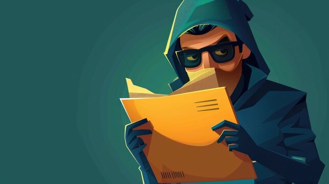 Mysterious figure in a hoodie and glasses reading confidential documents in dark lighting - concept of secrecy, espionage, and anonymity.