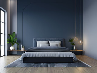 Dark bed and mockup dark blue wall in bedroom interior.