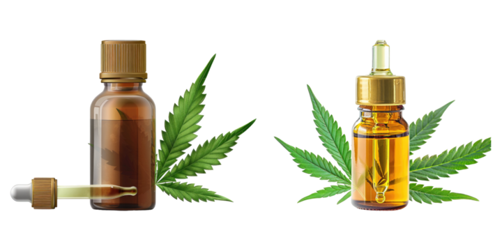 Cannabis essential oil container with a leaves isolated on transparent background
