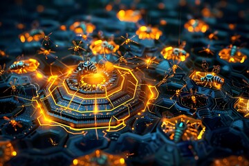 A glowing cybernetic hive with drones buzzing in harmonious patterns