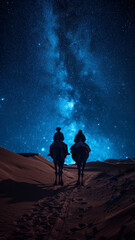 two camels walking in the arabian desert at night.generative ai