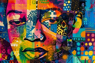 Obraz premium A vibrant painting depicting the face of a woman in bold and colorful tones, Celebrating the end of slavery in America with vibrant colors and symbols of freedom