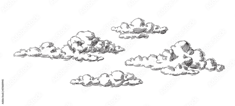 Wall mural set of clouds in hand drawn vintage retro style isolated on white background. cartoon design element