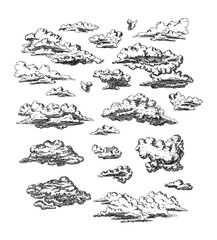 Set of clouds in hand drawn vintage retro style isolated on white background. Cartoon design elements. Vector illustration.	