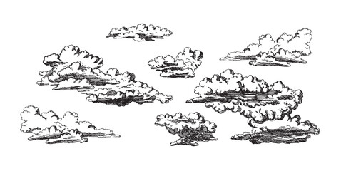 Set of clouds in hand drawn vintage retro style isolated on white background. Cartoon design elements. Vector illustration.	