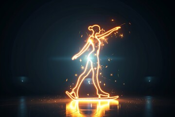 A glowing figure skating icon with a skate blade, representing elegance and precision