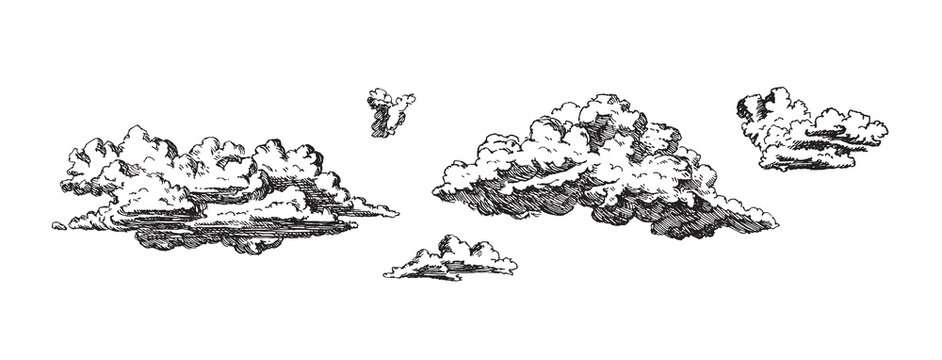 Set of clouds in hand drawn vintage retro style isolated on white background. Cartoon design elements. Vector illustration.	